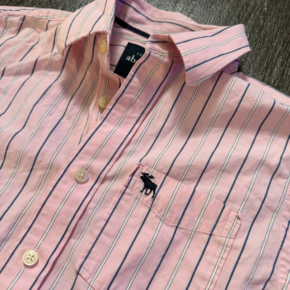 Abercrombie Button Down Boys XL Pink Striped Long Sleeve Moose Logo Poplin Shirt